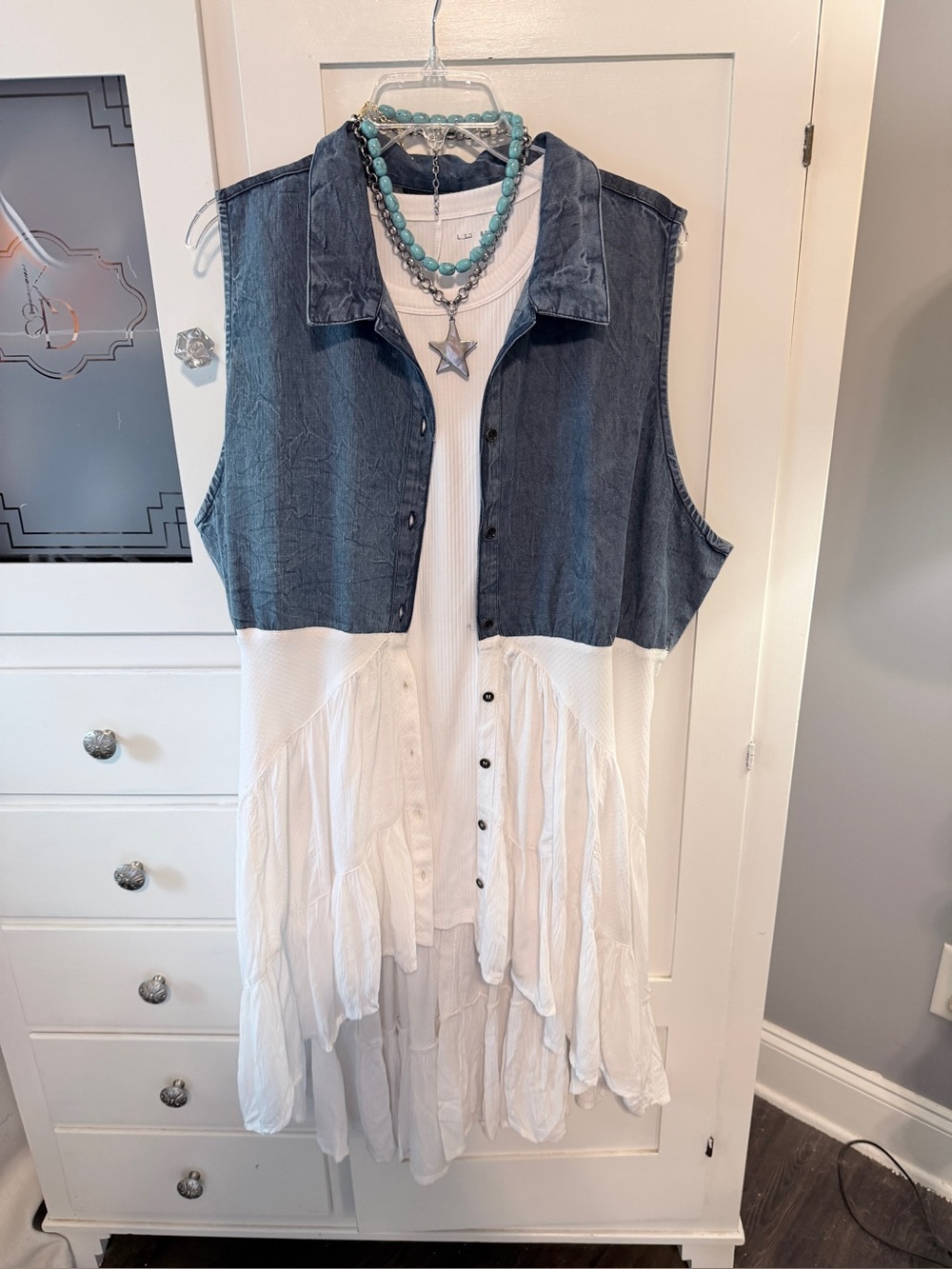 Young threads Sleeveless Two-Tone Button-Front dress/kimono/jacket- White & Blue